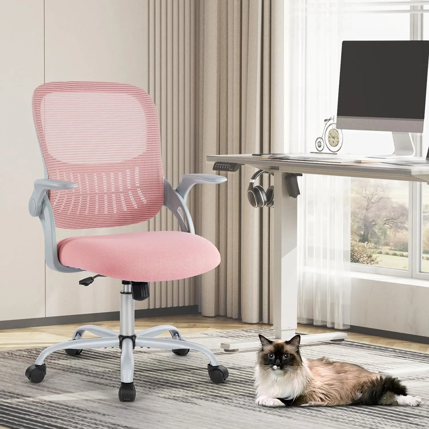 Ergonomic Mid-Back Mesh Metal Office Computer Desk Chair - Adjustable, 250lb Capacity, Stability, Rolling Swivel Task Chair with Wheels, Lumbar Support, Flip-Up Arms for Home, Study, Students (Pink)