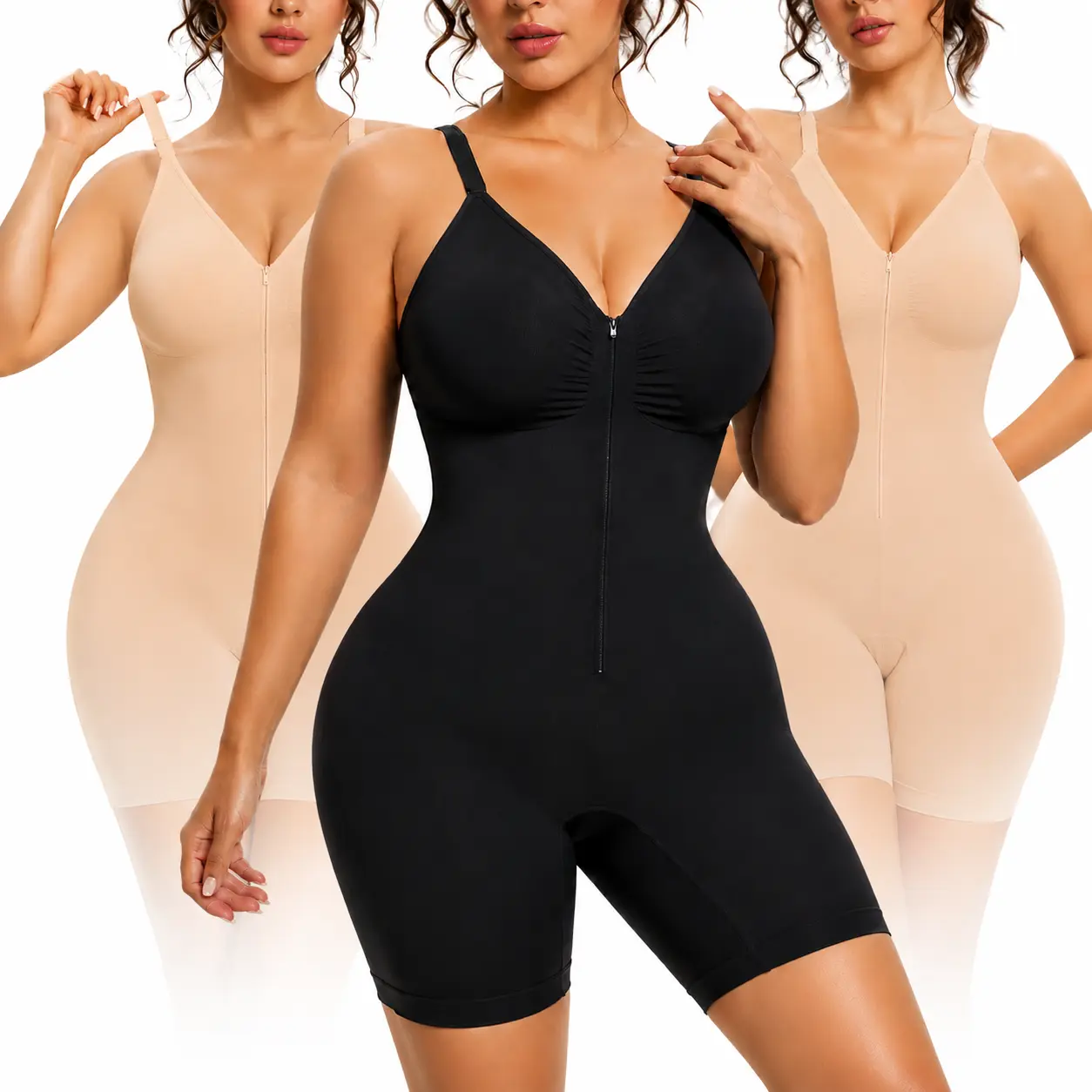 Women's Sculpt-Glam Zip-Up Shapewear Bodysuit, Adjustable Non-Slip Straps, Soft Stretchy Breathable Mesh, Snug Fit, Gentle Body Shaper, Seamless Undergarment, Black & Beige Options faja woman