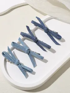 4pcs Sweet Bow Denim Hair Clips for Women, Side Clip Mini Hair Accessories, Plaid Pattern Headwear for Party Style, Fall & Winter, Flat Hair Clips