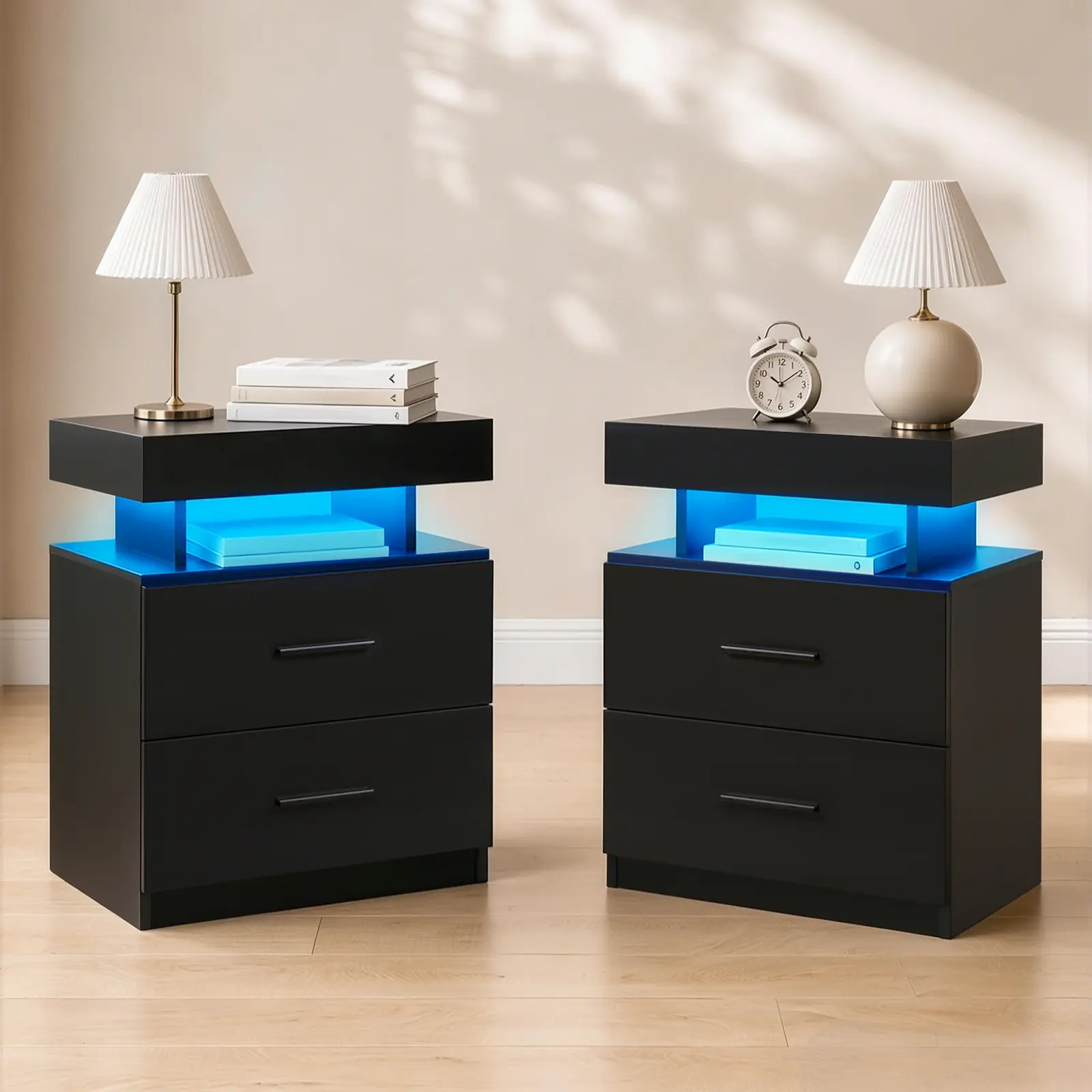 i-aplus Black Modern LED Nightstand, App Controlled Dimmable LED Lights, 2 Fabric Drawers & Open Storage Shelf, Bedside End Table for Bedroom