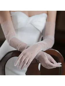 European and American New Style Glittering Diamond Bridal Gloves, Elegant and Fairy-like White Formal Wedding Banquet Photoshoot Long Mesh Gloves