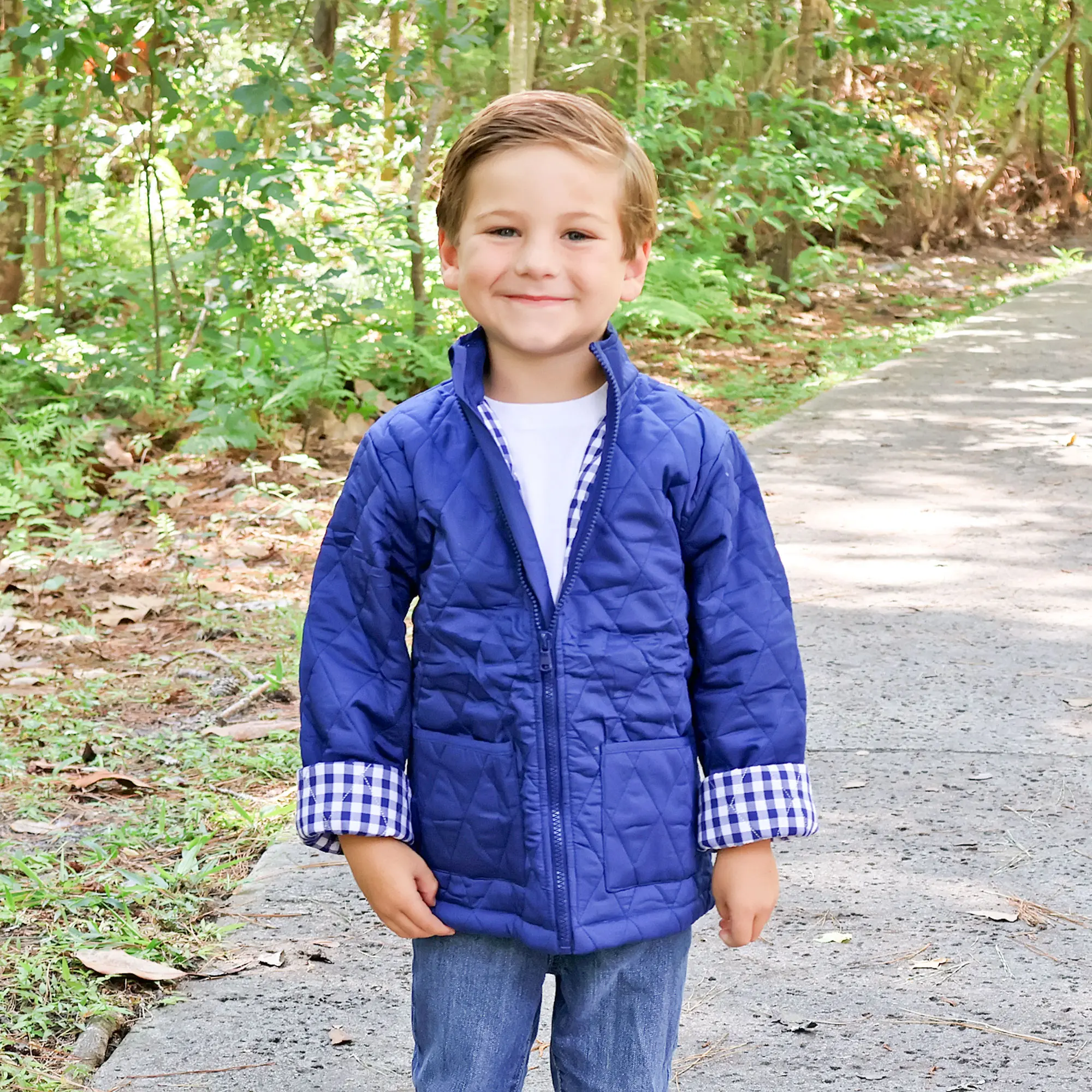 Navy Quilted Coat for Kids with Gingham Trim