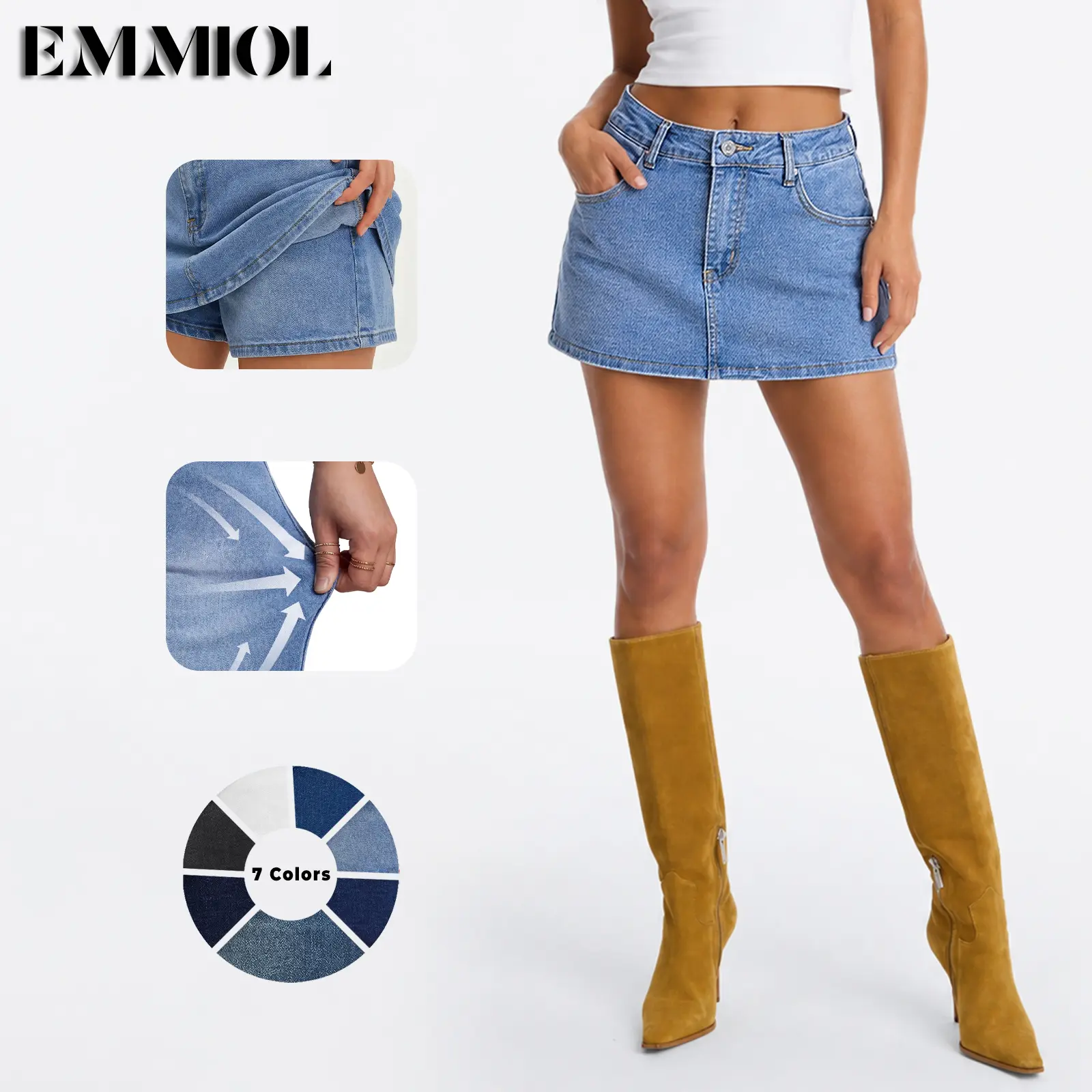 EMMIOL【Back to School】Women Denim Skort Skirt Stretchy Mid Waist Y2K Sexy Jean Skorts Dressy Casual Mini Skirts with Lining