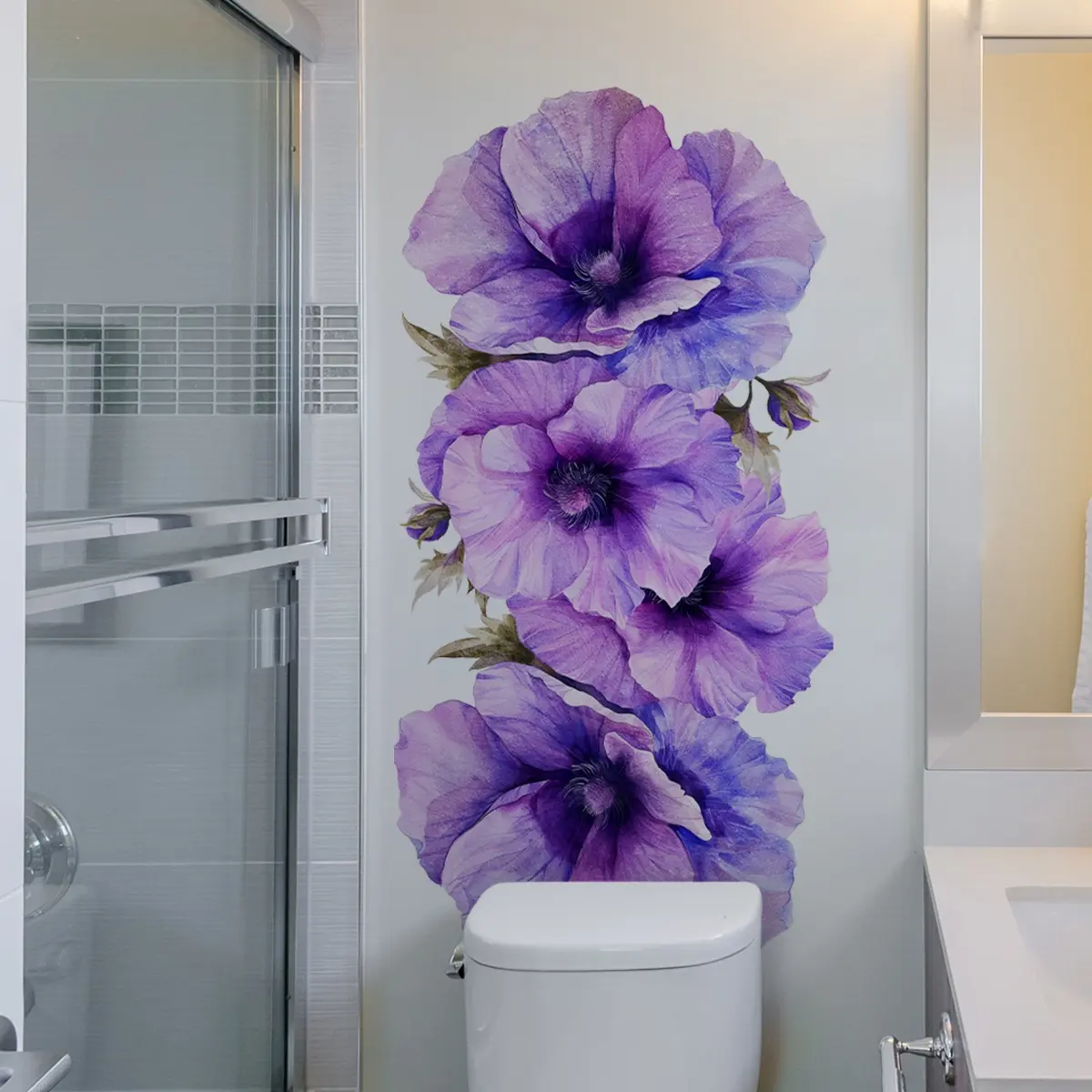 A new 2D simulated purple flower spring wall sticker (30*60cm) - bathtub sticker, living room and bedroom decoration background art wall sticker, Floral pattern sticker, Decorative Wall Sticker, Floral Stickers (MS7323-YC)