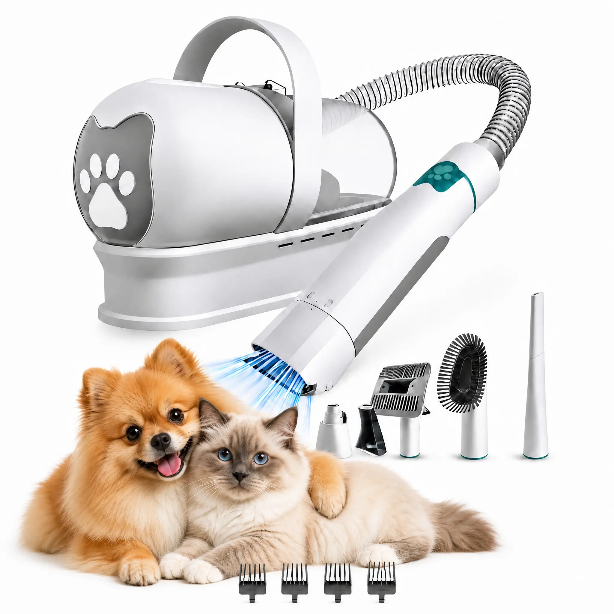 7-in-1 Pet Grooming Vacuum Kit with Hair Cleaning Grooming Tools, Paw Tool, Nail Polisher, Crevice Nozzle, 6 Guard Combs, Universal Fit for Dogs & Cats