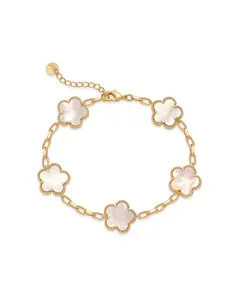 PAVOI 14K Gold Plated Clover Bracelets for Women - Flower Four Leaf Clover Bracelet - Mother of Pearl & Onyx Gemstone Lucky Flower Design - Adjustable Trendy Jewelry Gifts