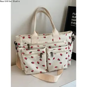 2026 Trending Cute Strawberry Print Canvas Tote Bag for Women, Viral Aesthetic Large Capacity Shoulder Handbag, Lightweight Casual Everyday Carryall, Shopping Travel Commuting Beach Summer Fashion Bag