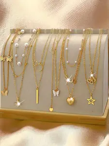 Women's Elegant Faux Pearl & Star & Butterfly Design Necklace, Dainty Necklace, Dainty Layering Jewelry, Heart Necklace, Love Heart Necklace, Fashion Jewelry for Party, Daily Clothing Decor, Trendy All-match & Exquisite Jewelry for Birthday Gift