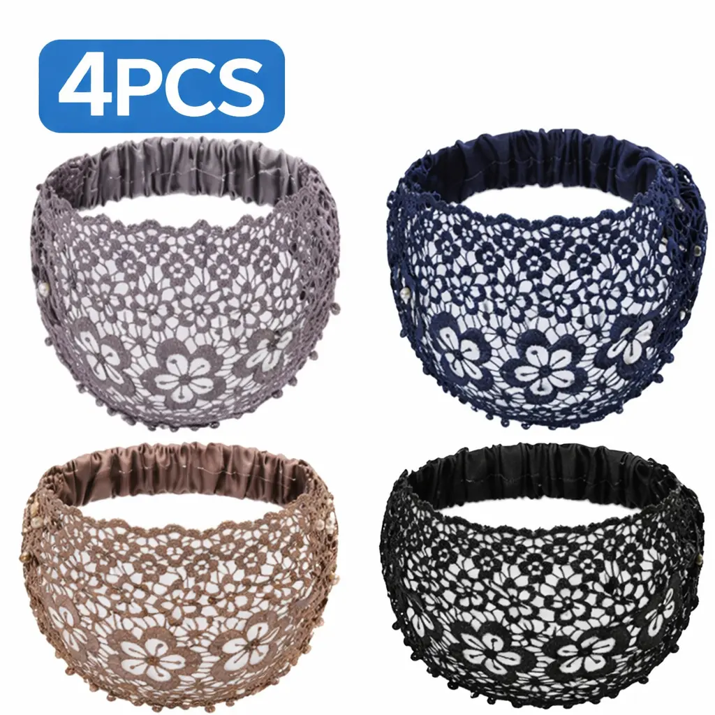 Floral Lace Headbands for Women, 4-Pack Boho Crochet Hair Accessories with Pearls, Wide Durable Non-Slip Elastic for Birthday Party, Adjustable, Elegant, Fashion Accessory, Female, Auspicious
