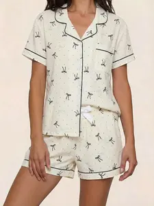 Polka Dot Bow Tie Printed Lapel Short Sleeve Shorts Pajama Set, Casual Loose Fit Home Sleepwear Loungewear, All Seasons Comfortable Breathable