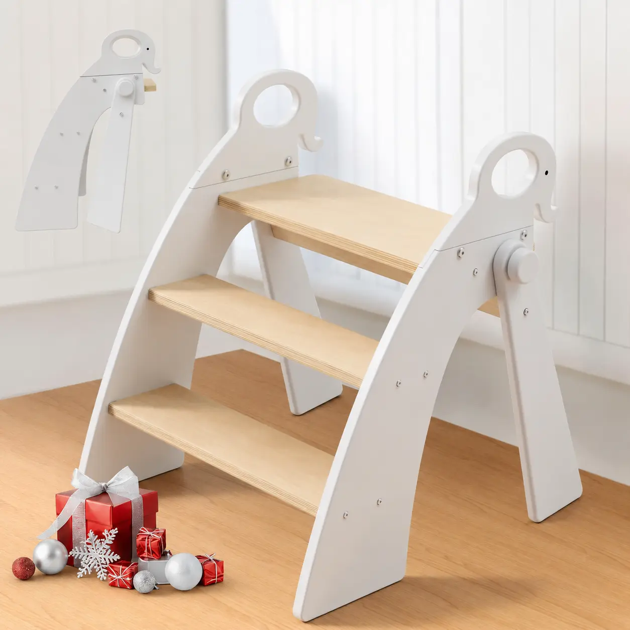 Bobike Foldable Bamboo 3-Step Kids' Stool - Easy-Grip Handles, Non-Slip Pads, 300 lbs Capacity for Bathroom Sink, Potty Training