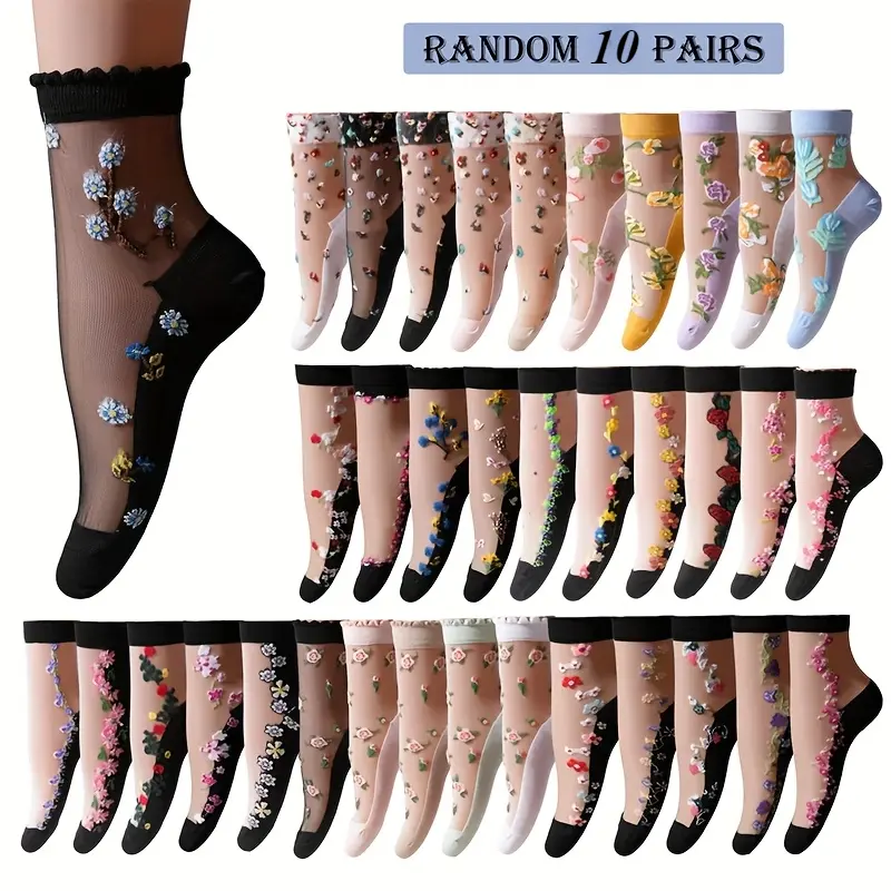 Women's Cute Floral Print Ankle Socks, Sheer Mesh Low Cut Hosiery with Elastane, Anti-Slip Sole for Casual Wear, 10/20/30 Random Pairs Pack, Socks For Women, Low Ankle Socks