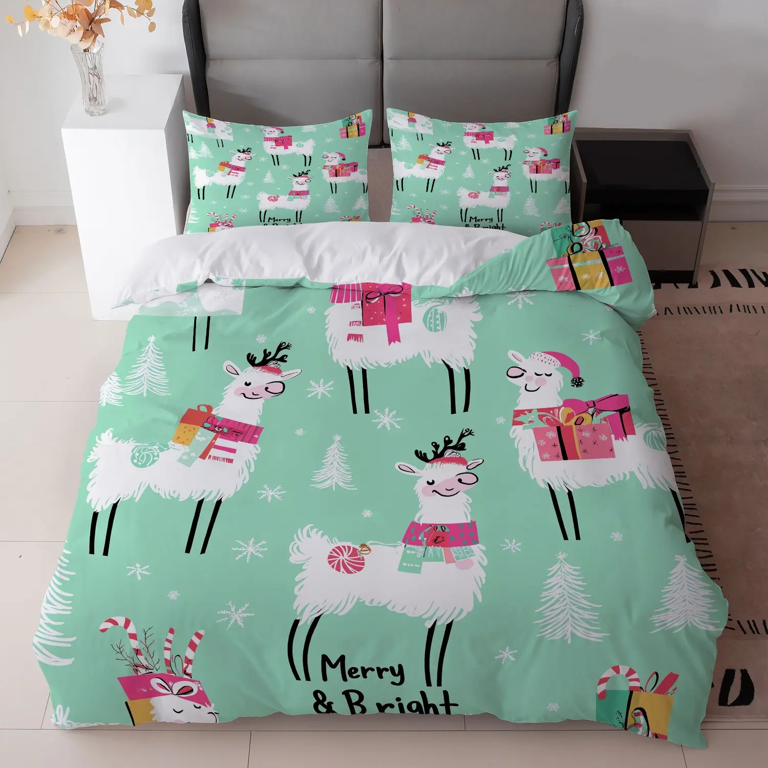 Mint Green 3-Piece Christmas Bedding Set - Synthetic Polyester, Festive Alpaca Print, 'Merry & Bright' Text, All Seasons, Multiple Patterns, 1 Duvet Cover + 2 Pillowcases (No Core) - Ideal for Holiday Decorations, Festive Print
