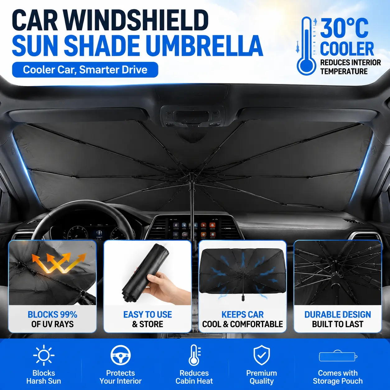New Style Car Windshield Sun Shade, Retractable Front Windshield Sun Umbrella, Automotive Exterior Accessories, Daily Use Cooling Windshield Sun Shade, Car Sun Visor, Window Sun Shade, Universal Fit for Most Vehicles, UV Protection