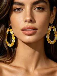 Bohemian Daisy Beaded Dangle Earrings, Handmade Block Design, Beach Vacation Summer Flower Ring, Casual Floral Pattern