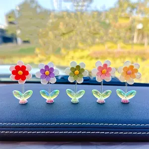 5pcs Cute shaking head chrysanthemum car ornament flower car center console rearview mirror decoration Girly Car Accessories