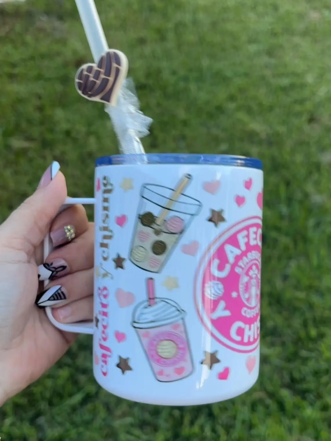 12oz metal coffee mug Cafecito y chisme. Chisme y cafe mug. Comes with lid and straw double walled stainless steel