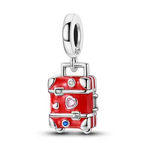 ️ MULA 925 silver-plated love suitcase charm | Suitable for Pandora bracelets | Travel dream | Red enamel suitcase | Retro style beads | Gift for travelers