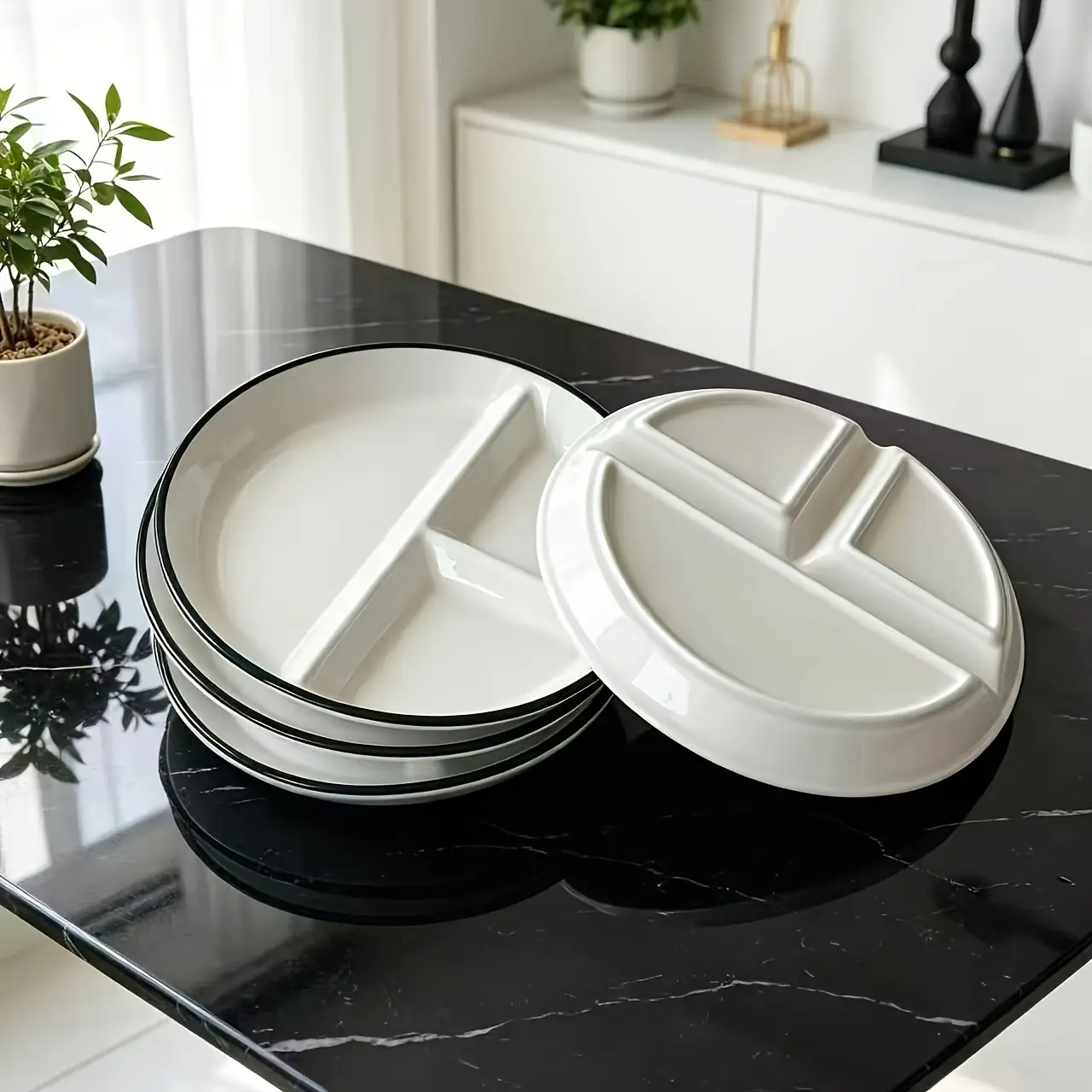 4-Grid Divider Ceramic Plate with Black Edge, Household Portion Control Round Plate, Microwave & Dishwasher Safe Kitchen Tableware