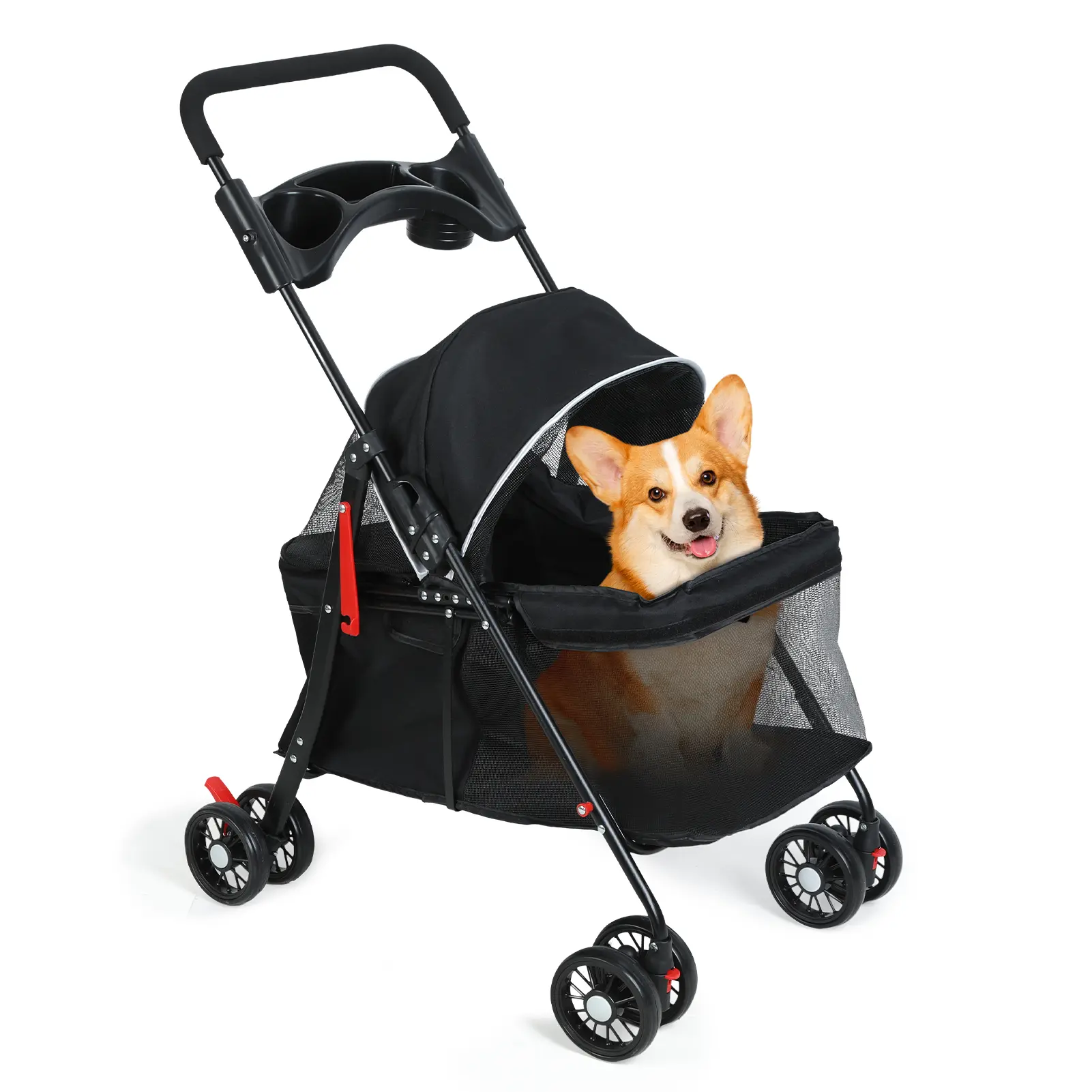 Foldable 4-Wheel Pet Stroller - Outdoor Animal Carrier for Small/Med Dogs & Cats (Up to 20 lbs) with Anti-Release Buckle, Scratch-Resist Shell, Breathable Mesh, Metal Frame, Storage Basket, Cup Holder Ready, Stable Design
