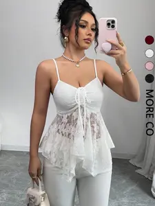 Women's Elegant Solid Color Lace Asymmetric Hem Tight Fitted Sleeveless Vest Top, Stylish and Comfortable Casual Wear, Perfect for Daily Activities
