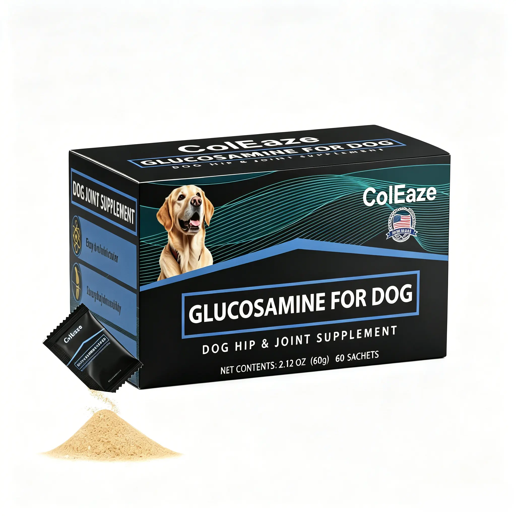 ColEaze Glucosamine Powder Sachets for Dogs - Hip & Joint Herbal Supplement with Chondroitin, Turmeric, Probiotic Blend - Easy Sprinkle-on Food Sticks for All Breeds (Not Pain Medication), Portable