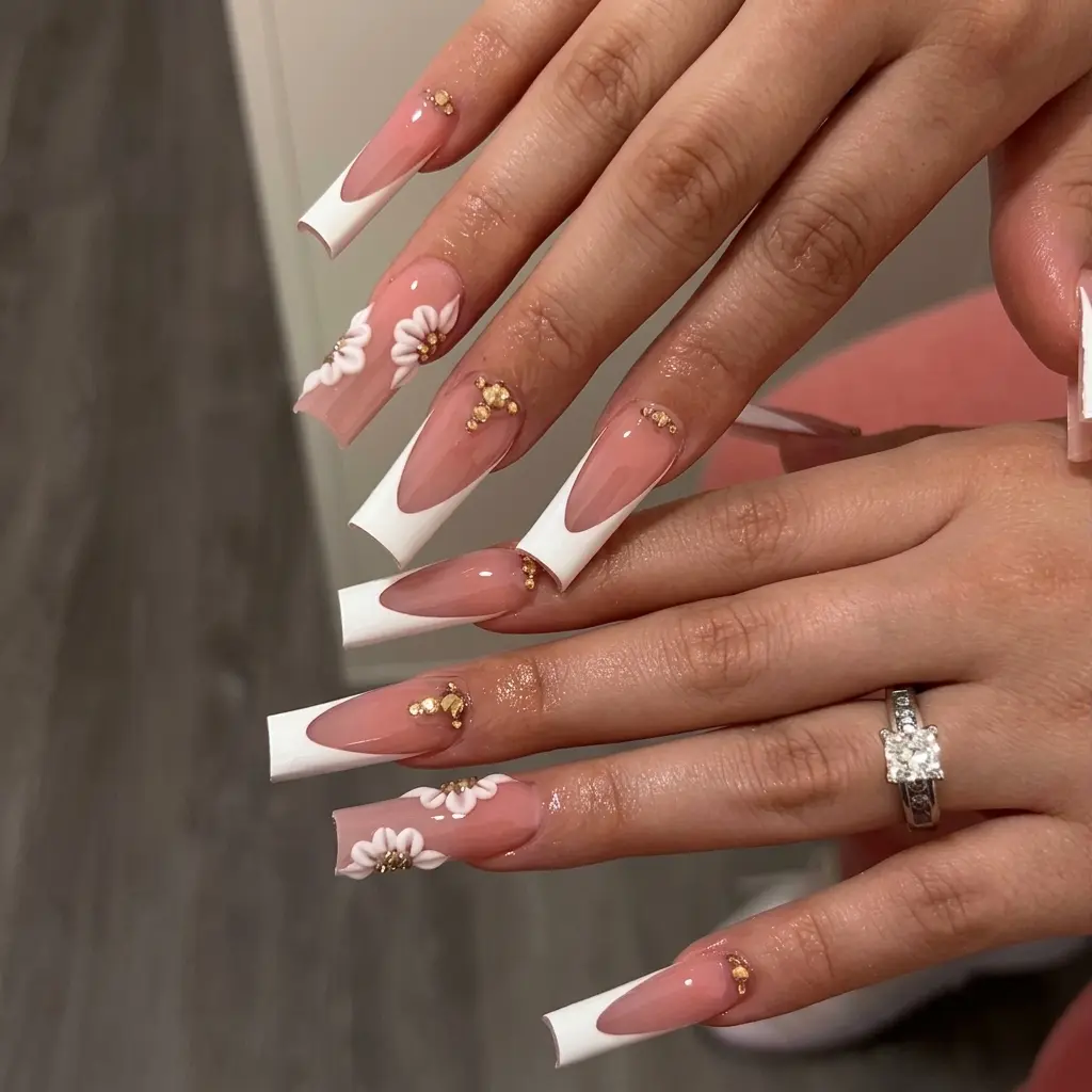(MTO) Made to Order Handmade Fake Nails Set - Classic White Blossom, Long Square, Deep French Tip, Sculpted 3D Flower, Gold Rhinestone Charm, Reusable Daily Fashion Hand Accessories, Party Prom Novelty