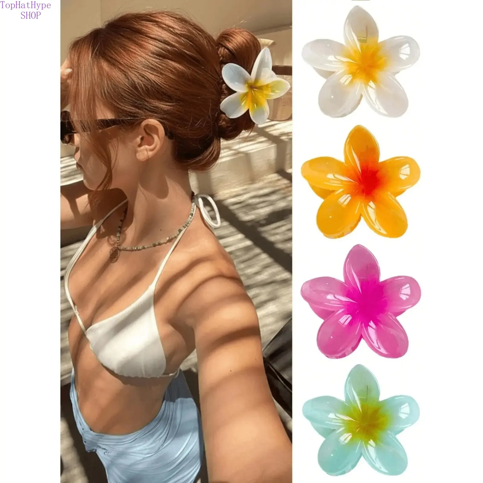 Women's Colorful Plumeria Flower Hair Claw Clips - Strong-Hold Accessory, Elegant Floral Item, Flower Hair Pin for Half Updo, Beach Vacations, Hair Clip