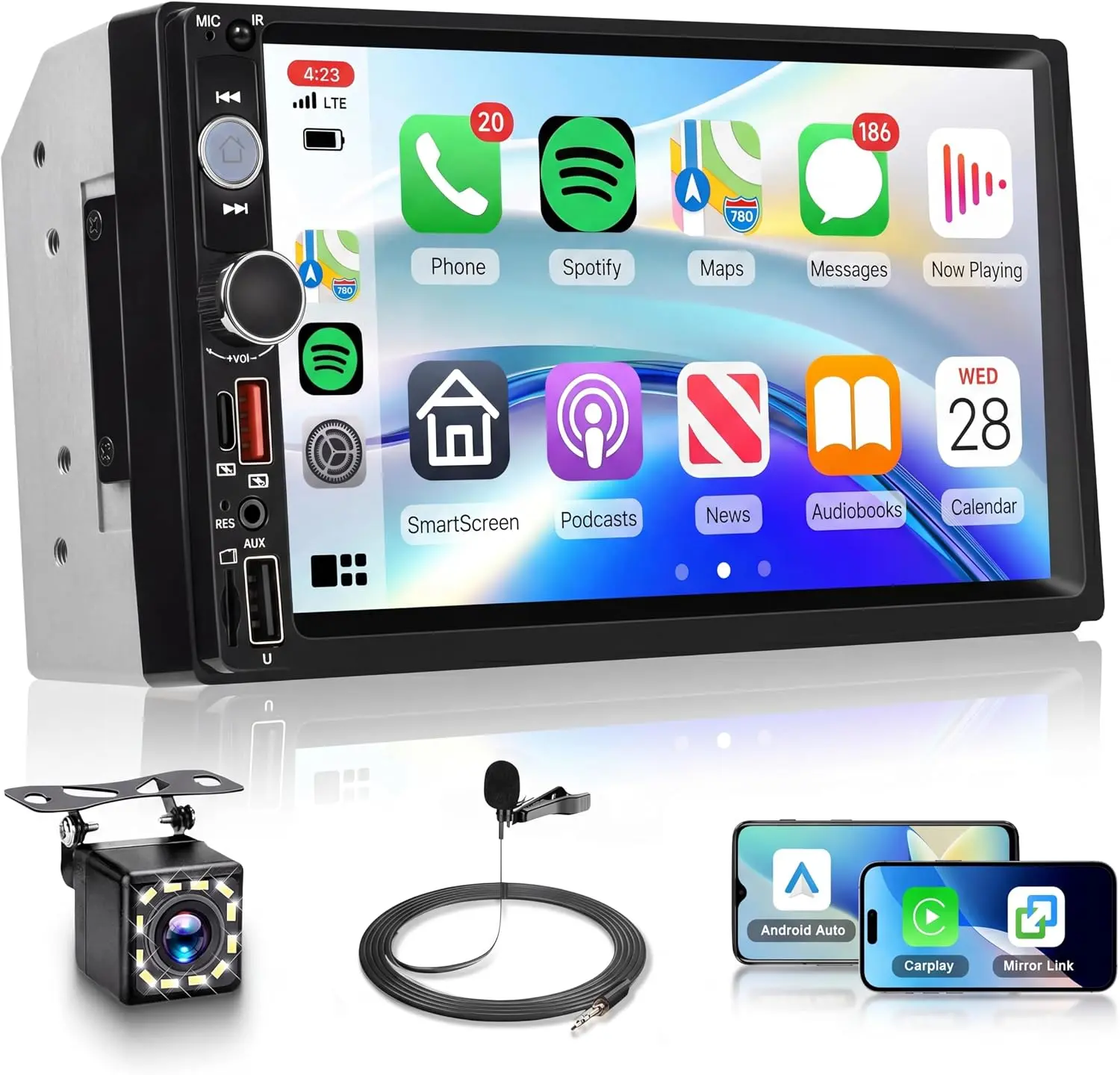 7 Inch Double Din Car Stereo, Wireless CarPlay Android Auto Touch Screen Radio, Bluetooth Stereo, AHD Backup Camera, Mirror Link, FM EQ SWC, Type-C USB Fast Charging, Online Video Playback