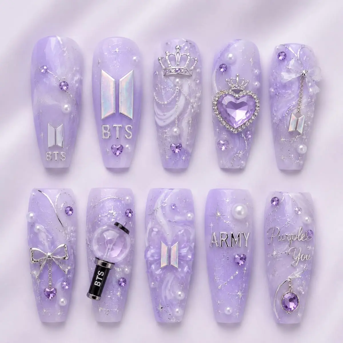 Purple Theme Press On Nails, 3D Handmade Custom Gel Nails, ARMY Fan Nails, Glitter & Rhinestone Fake Nails Set