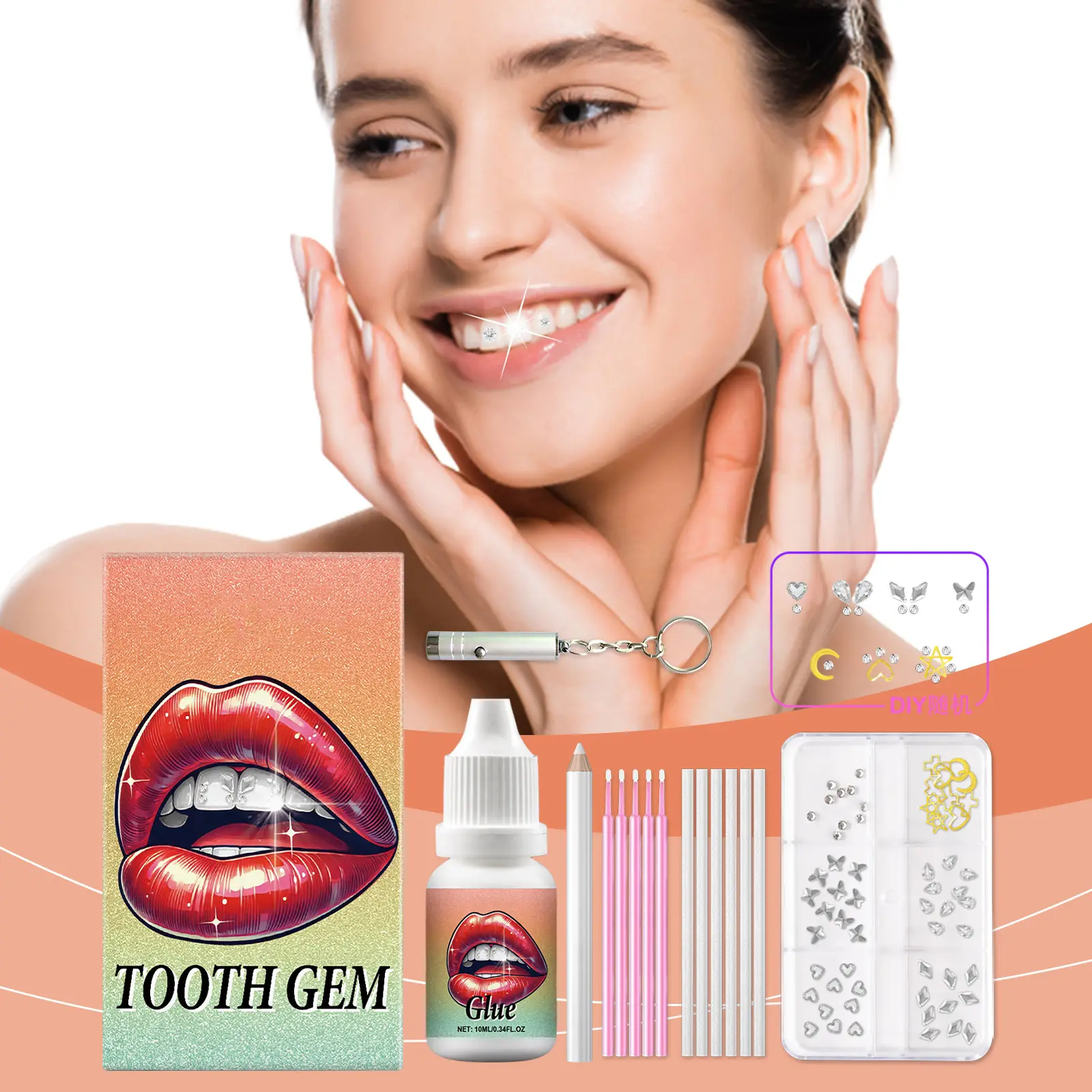 DIY Fashion Tooth Gems Kit Set - Beauty & Personal Care Skincare Tool with Acrylics, Vinyl, UV Curing Gel, Apply Cure Light, Customizable Gems, Gel Pen Glue for Teeth Accessory, Dental Accessory, Sparkling Smile