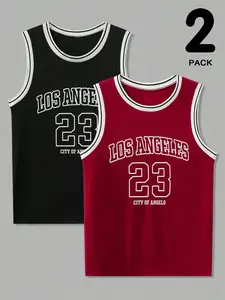 Men's Letter & Number Print Sleeveless Workout Tank Top, Regular Fit Casual Round Neck Sports Vest, Summer Clothes for Daily Wear