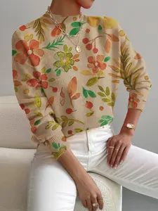Women's Floral Leaf Print Knit Sweater, Stand Collar Gradient Color, Spring Fall Winter Casual Elegant Aesthetic Commuter Wear