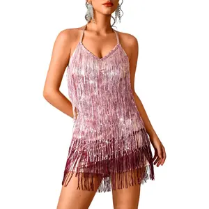 Kaei&Shi Glitter Romper Dress,Open Back Short Jumpsuits for Women,Sparkly Fringe Concert Rave Festival Outfits