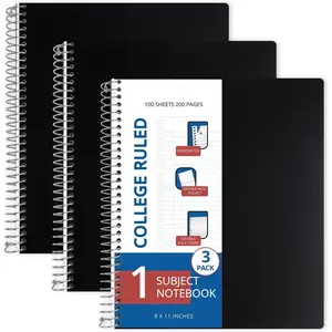 Spiral Notebook 1 Subject, 3 Pack, College Ruled, 9 x 11 in, 100 Sheets, 3-Hole Punched  Cover with Divider and Double-Sided Pocket for Classroom Study, Black