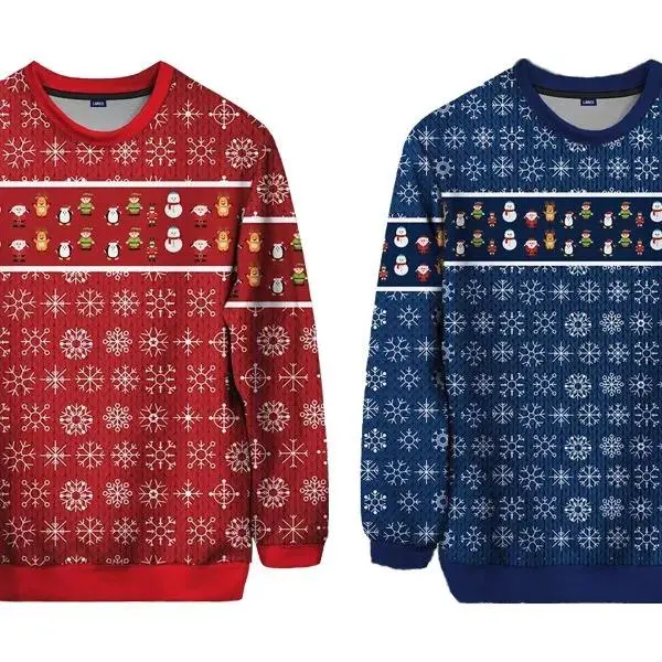 Men's Women's Long Sleeve Christmas Sweatshirt Red Blue Snowflake Design Lightweight S-2XL