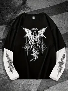 Unisex Dark Angel Thorn Cross Long Sleeve T-Shirt, Gothic Metal High Street Style, Loose Fit Colorblock Cotton Top, Couple Fall Winter Fashion