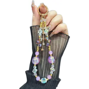 For Light Luxury Crystal Mobile Phone Chain Beaded Short Wrist Chain Fashion Butterfly Pendant Gold Leaf Hand-Made Lanyard