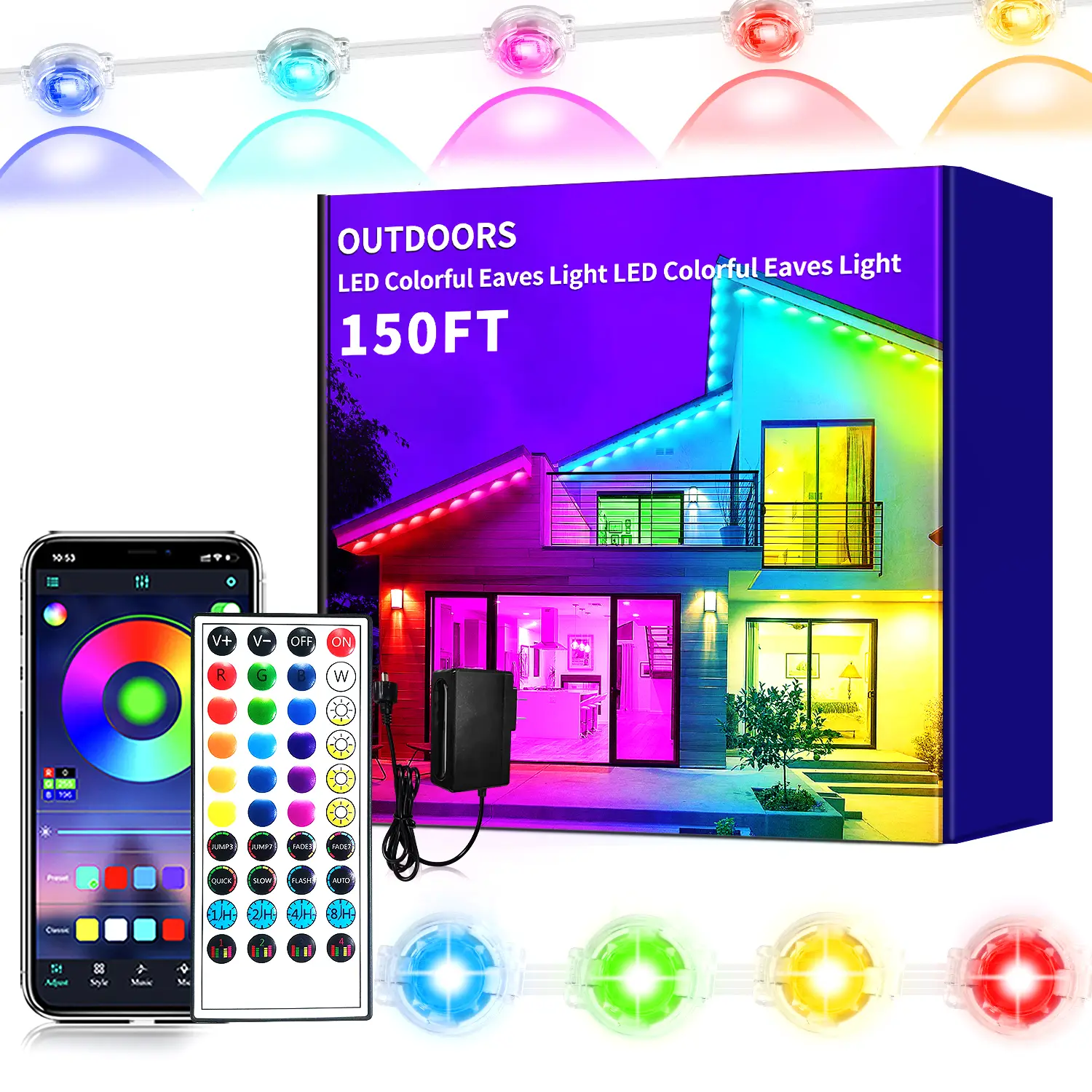 RGB Waterproof Outdoor Eaves Lights with App Control Remote,IP67 Waterproof LED Lights,Music Sync Outside Light for Christmas,Halloween,Garden,House D