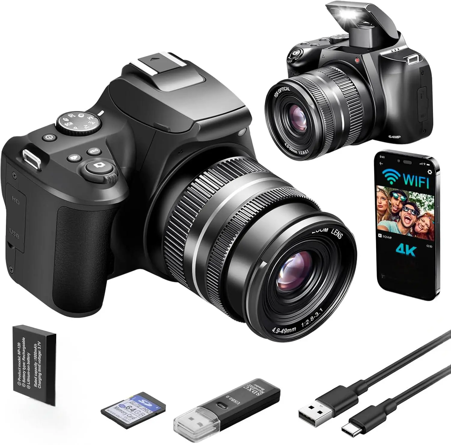 4K HD Digital Camera 10X Optical Zoom Vlogging Camera 64MP Autofocus for Photography with WiFi, Compact Camera with 32GB SD Card , USB Card Reader & Charging Stand For Photographer 32G SD For Gift