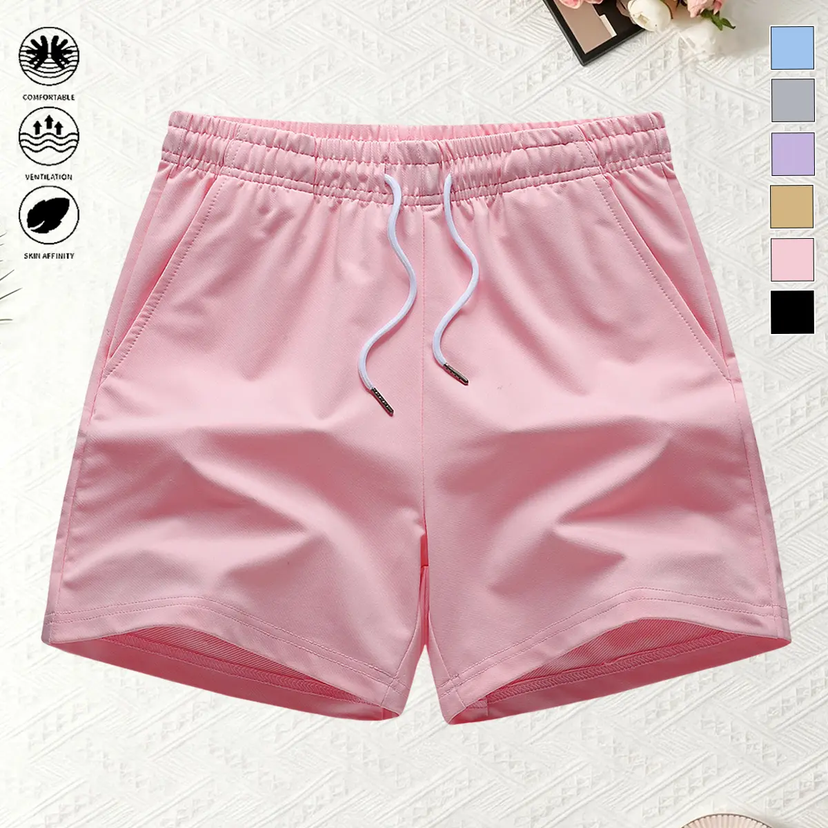 Women's Casual Summer Shorts with Pockets and Drawstring Waist, Solid Color for Gym Workouts and Outdoor Activities, Bottoms, Short Pants, Polyester, Basic, Simple Look