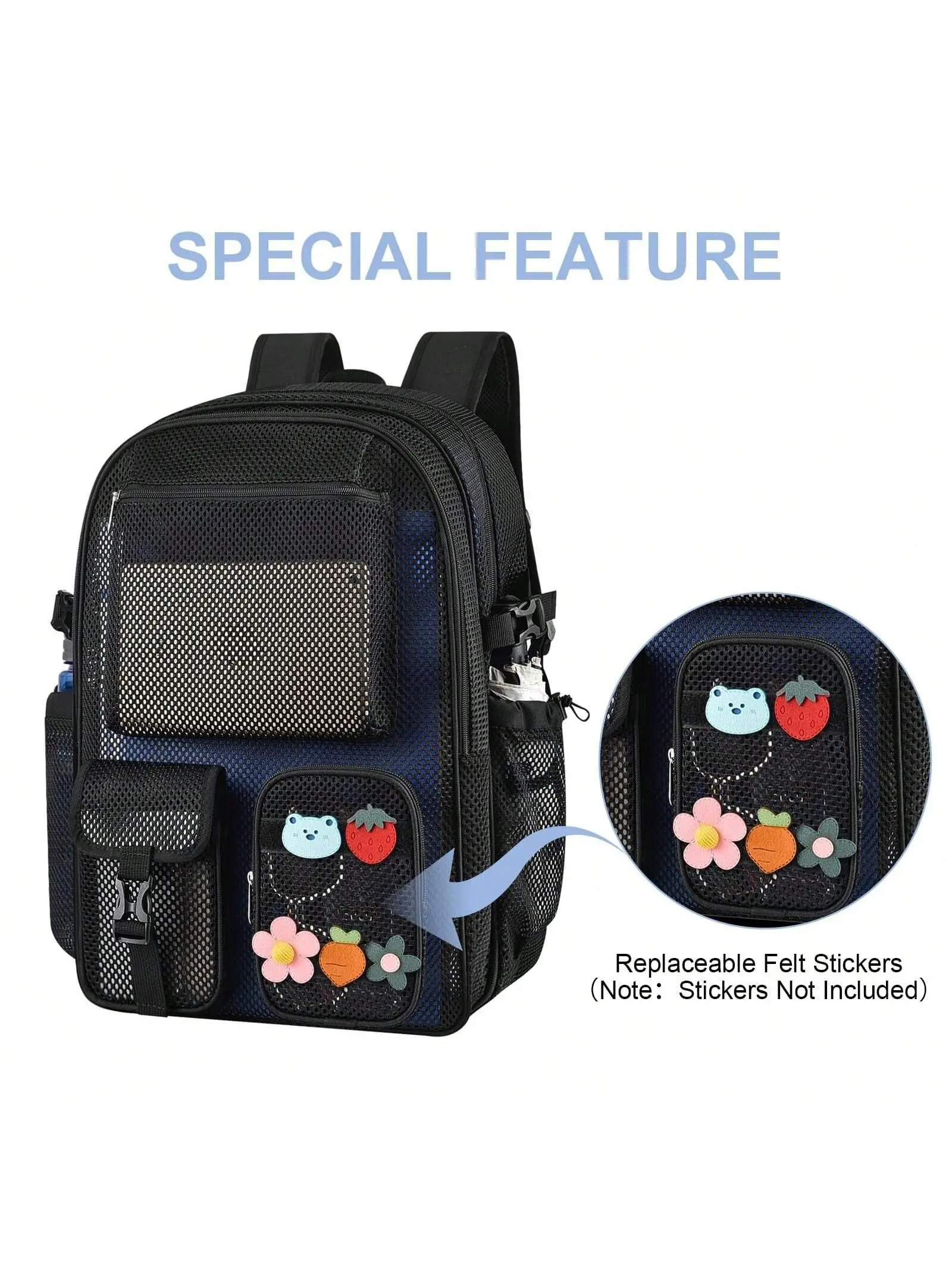 36L Mesh School Backpack, Large Capacity Unisex Daypack with Inner Laptop Compartment, Lightweight Breathable Material, Comfortable Straps & Replaceable Felt Stickers for Students, Backpacks For School