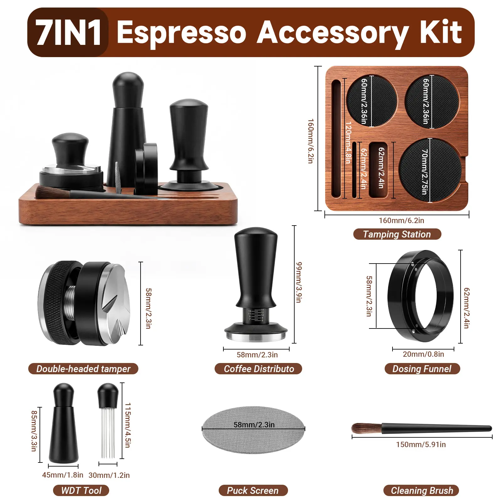 SXHELECOK 7 PCS Espresso Accessories Kit,58mm Dual Head Coffee Distributor, Espresso Tamper with Wood Espresso Tamping Station,Stirrer, Dosing Funnel,Brush,Puck Screen,WDT Tool Fits 58mm Espresso Portafilter