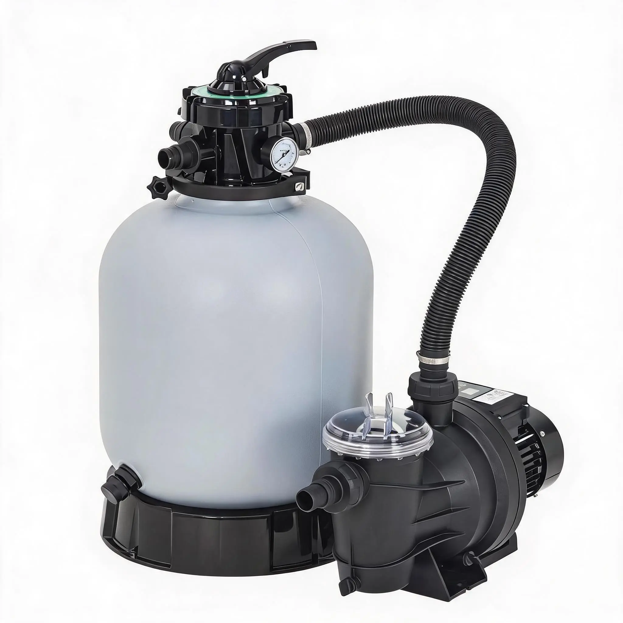 Above Ground Pool Sand Filter Pump System, 1.0/1.5HP Outdoor Pool Unit with Timer, 3962-6075 GPH, 7-Way Multi-Port Valve, Large Strainer Basket, Corrosion Resistant Water Filtration Complete Combo Set, Hoses