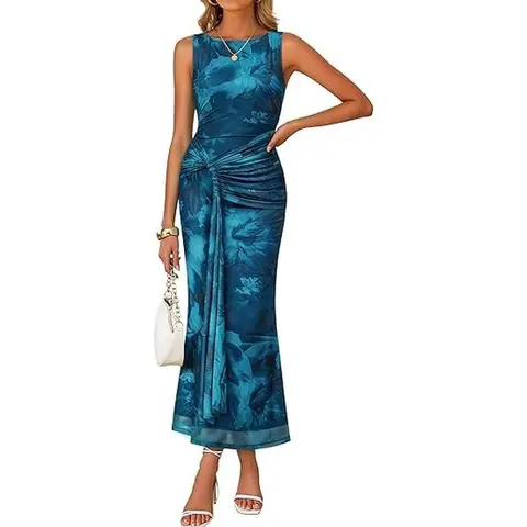 ZESICA Women's 2026 Summer Sleeveless Bodycon Maxi Dress - Round Neck, Ruched Mesh, Adjustable Belt, Double-Lined, Elegant Flattering Formal Dress for Wedding, Going Out Outfit, Night Out Clothes for Women