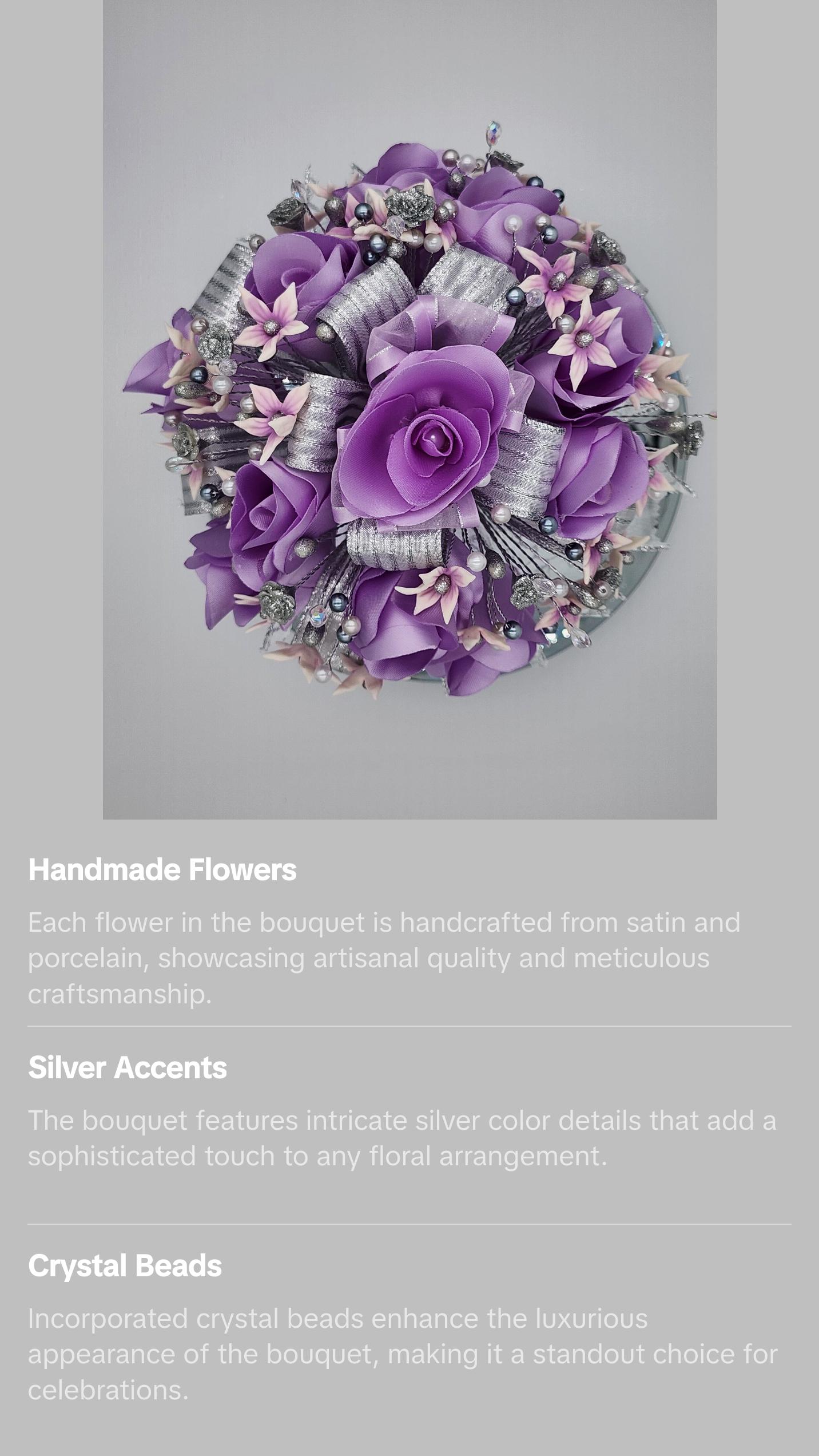 Lila Silver Artesanal Satin Flower Quinceanera Bouquet with Handmade Porcelain Flowers and Silver Accents Decorative Floral Arrangement