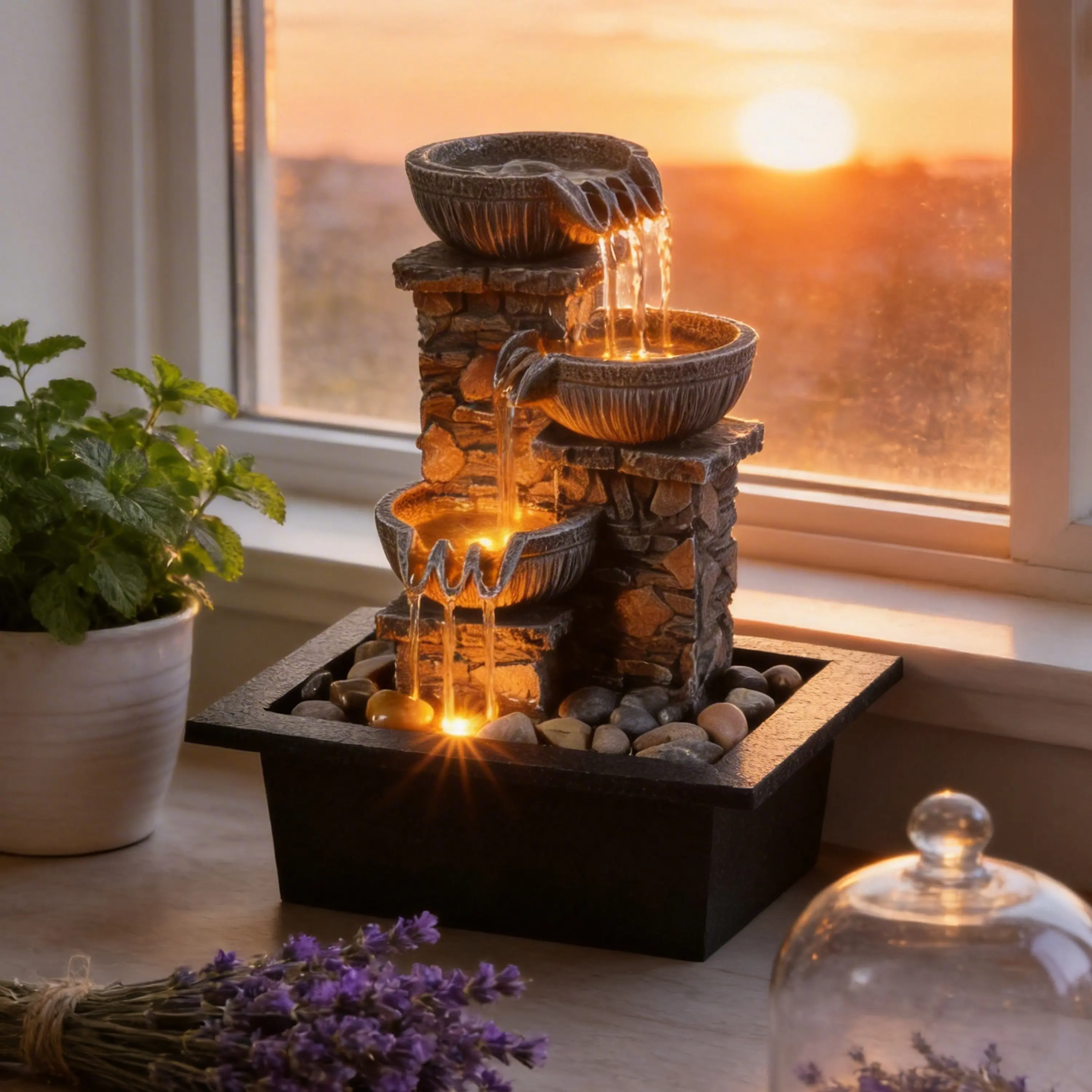 Decorative Resin Tabletop Fountain - 3-Layer Bowl Shape, 9-Layered Water Streams, LED Ambient Light, Zen-Inspired Indoor Room Decor, House Decor, Aesthetic Relaxing Gifts, Sensory Room Supplies for Home/Office