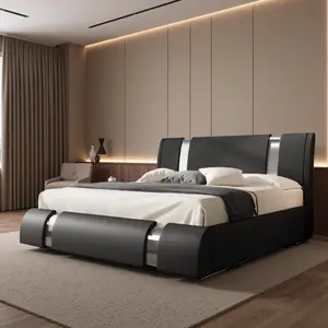 Allewie Queen/king Size Platform Bed Frame with Iron Piece Decor, 【Frame Only No Mattress】Faux Leather Upholstered Bed with Curved Adjustable Headboard, Wooden Slats Support, No Box Spring Needed, Modern Style, White/Black,#TikTokShopBacktoSchool