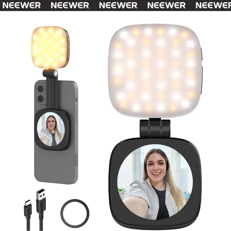 NEEWER NL48B Magnetic Selfie Light for MagSafe iPhone/Android – Foldable LED Ring Light with Mirror & Stand, Portable Rechargeable Indoor/Outdoor Lighting for Makeup Selfie Photography & Video Recording