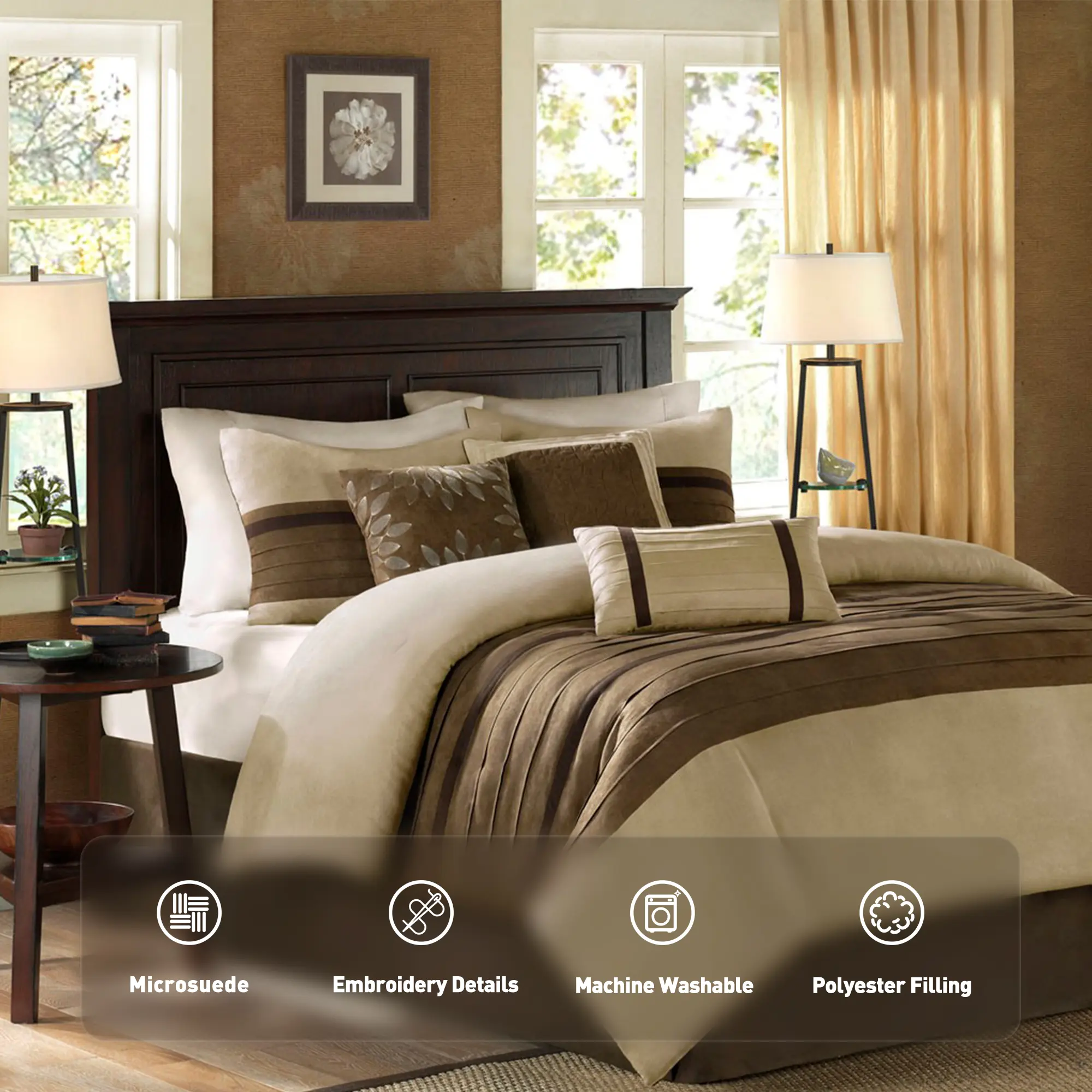 Madison Park Palmer 7-Piece Comfy Bedding Set - Pieced Microsuede, Embroidered Details, Breathable Hotel Style Bedding (King, Queen Comforter Set Sizes Available)